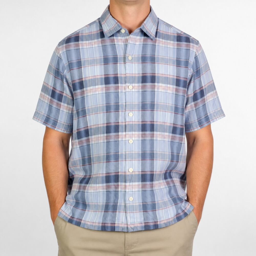 Tommy Bahama Shirt Mens Medium Blue Red White Plaid 100% Silk Short Sleeve